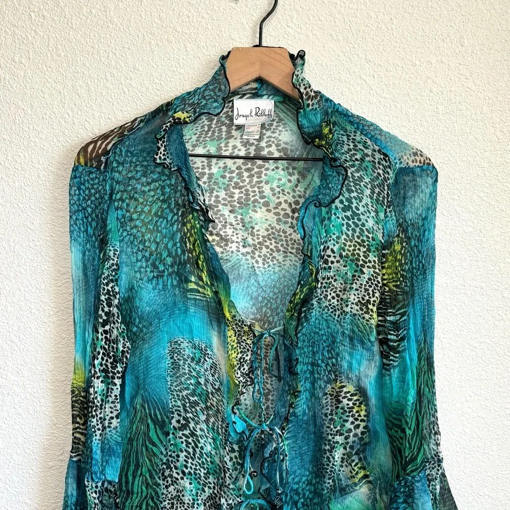 Joseph Ribkoff Women's Size 14 Front Tie Cardigan Sheer Animal Print Y2K Fairy - Picture 2 of 13